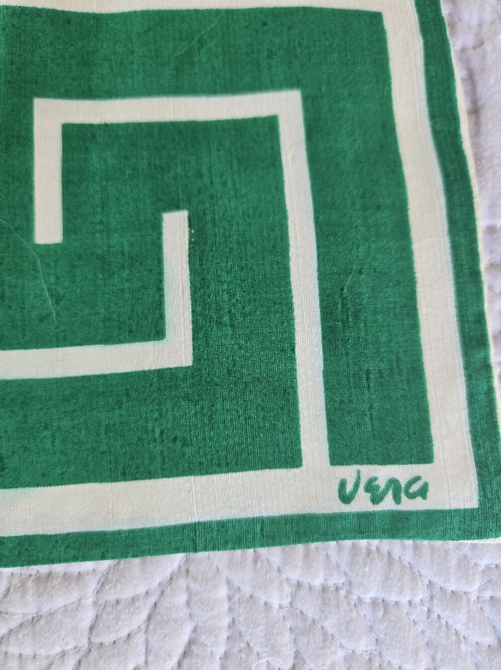 Vintage Vera Green Blue and White Raw Silk Ascot Geometric Greek Key Scarf - Picture 2 of 4